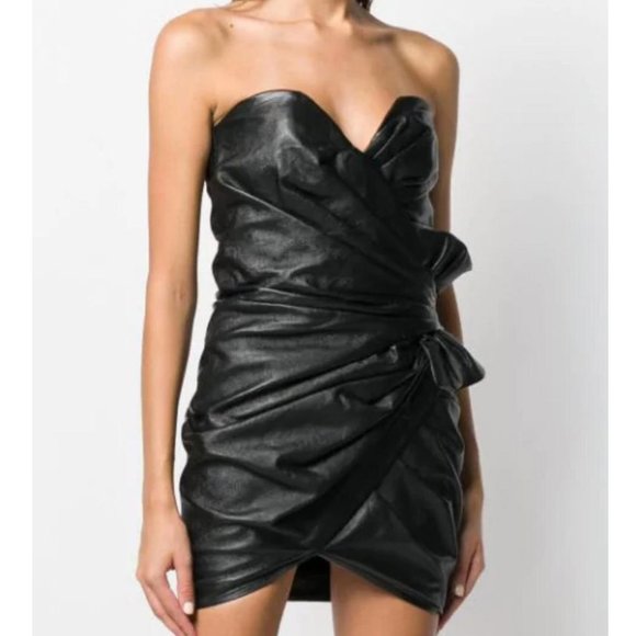 💥 BREATHTAKING💥STRAPLESS BUSTIER DRAPED DRESS IN BLACK GENUINE LEATHER - Picture 5 of 16